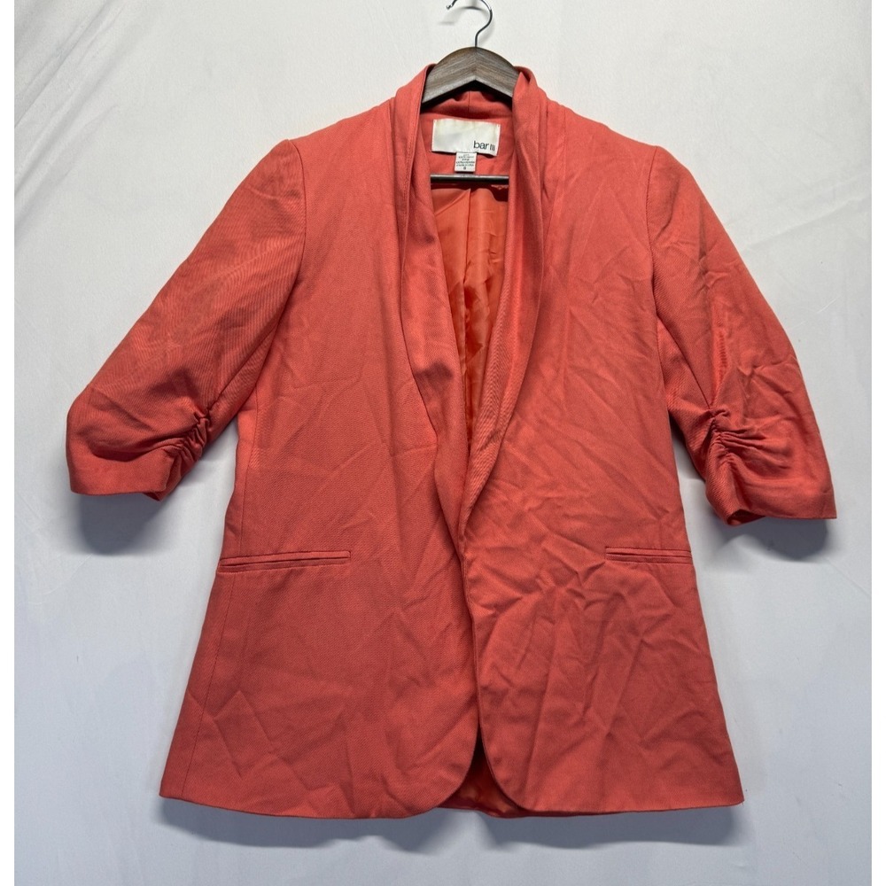 Bar III Blazer Jacket Womens Small‎ Coral Orange Shawl Collar Ruched 3/4 Sleeve